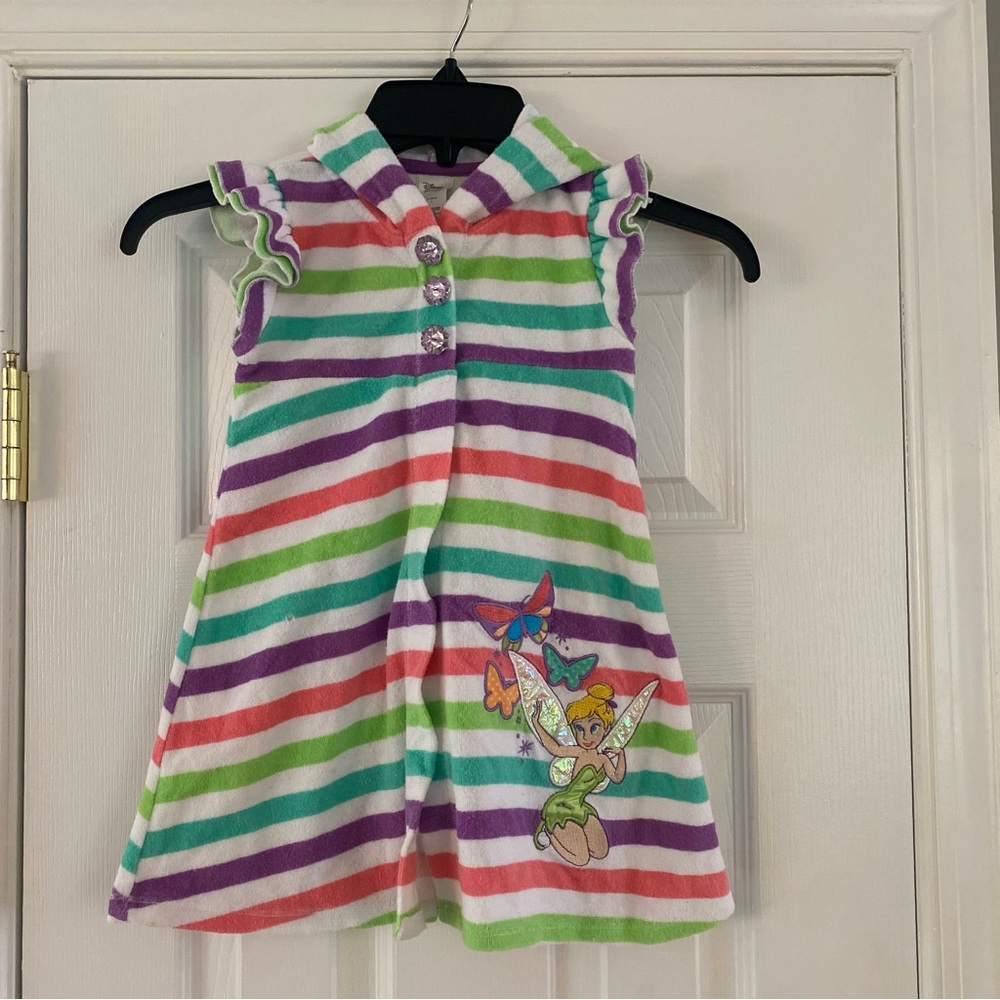 Disney Store Girls Tinkerbell Terrycloth Swim Towel Cover Hooded Striped Size 4